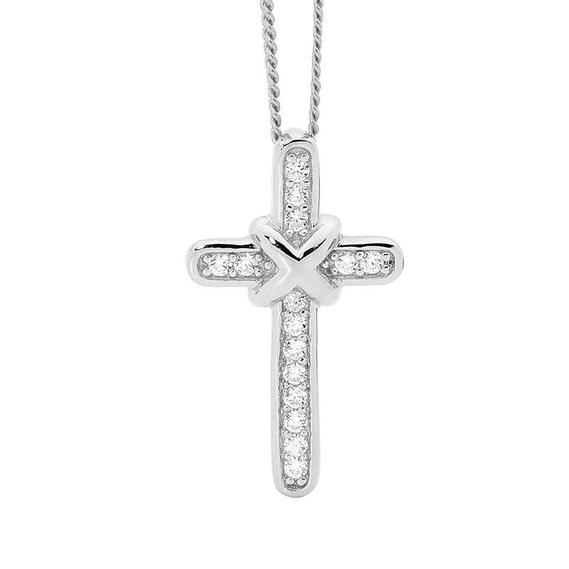 SS WH CZ Cross Pendant w/ Cross over feature & chain