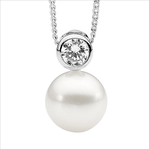 Silver 4mm Bezel Set WH CZ w/ 9mm Freshwater Pearl Pendant