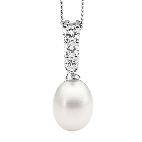 Silver 3 WH CZ Drop w/ Freshwater Pearl Pendant and chain