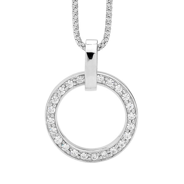 Silver, open circle pendant set w CZ and chain