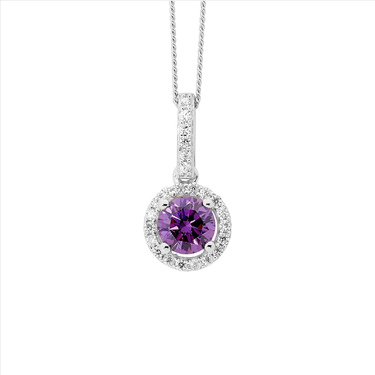 SS Purple centre stone pendant with white halo CZ and chain