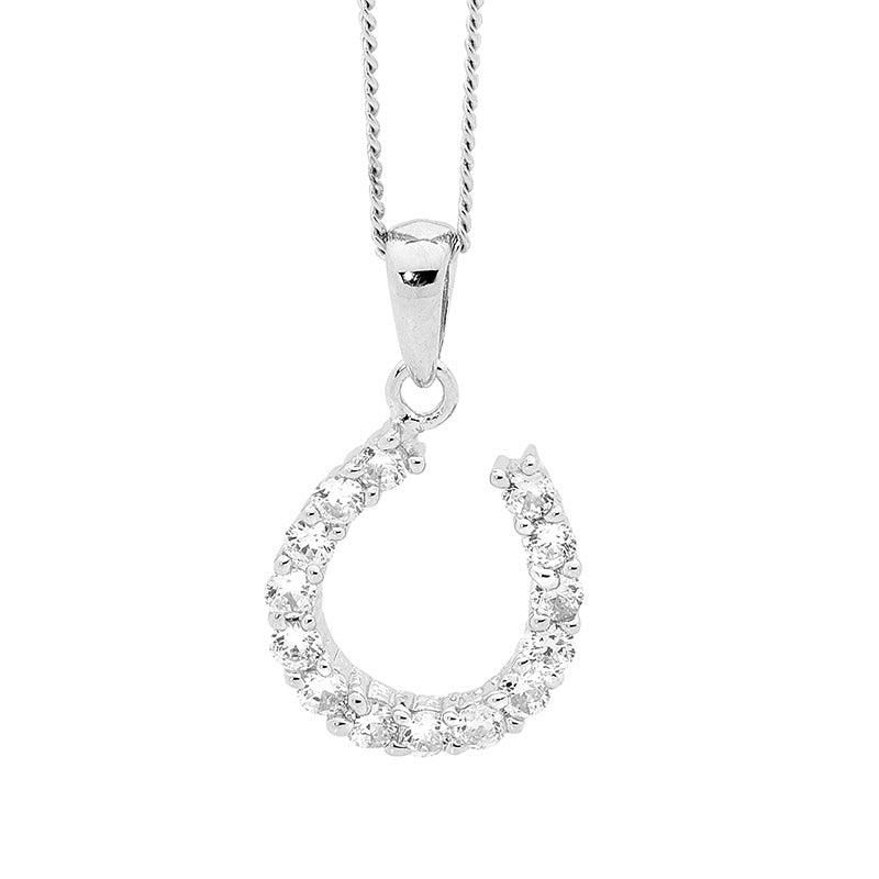 Sterling Silver WH CZ Horse Shoe on Angle Pendant & chain