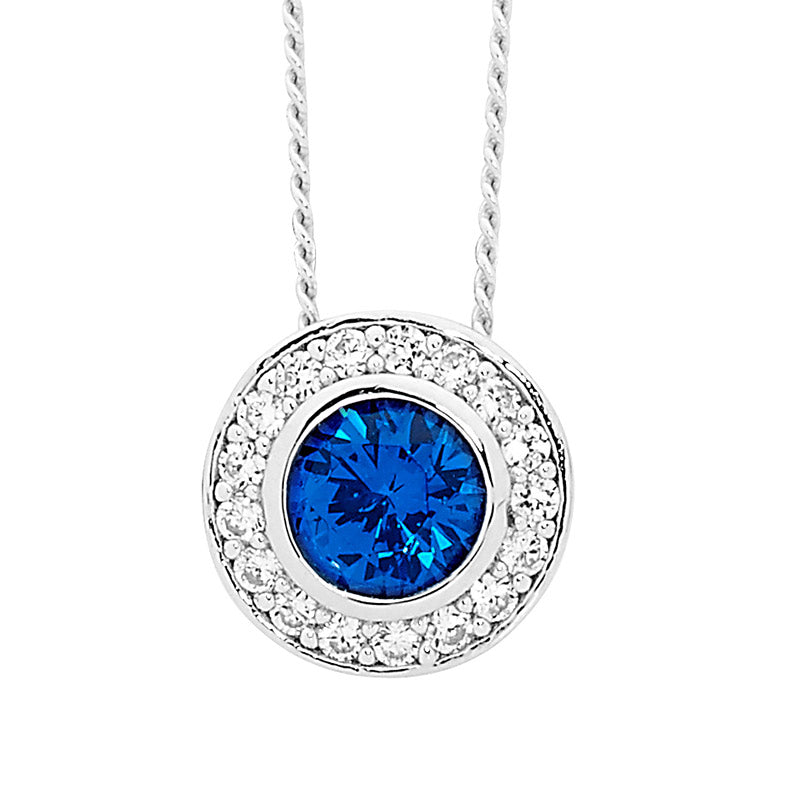 Silver dark blue CZ bezel set w Halo of white CZ pendant and chain