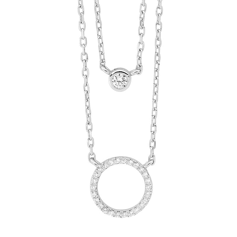 SS Dble Chain Necklace w/ WH CZ Bezel Solitaire & Circle