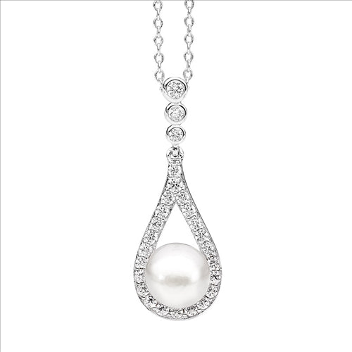 SS WH CZ bezel w/open tear drop & freshwater pearl pendant and chain