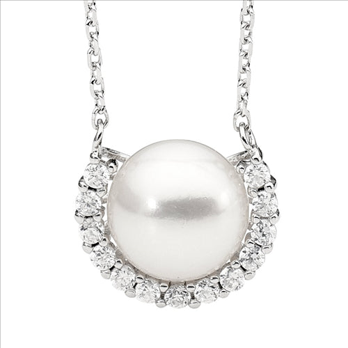 Sterling silver Freshwater Pearl w/ WH CZ half surround pendant w/attached chain