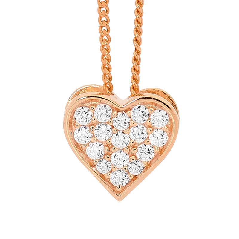 Silver, Rose plated heart, pave set with CZ's and chain