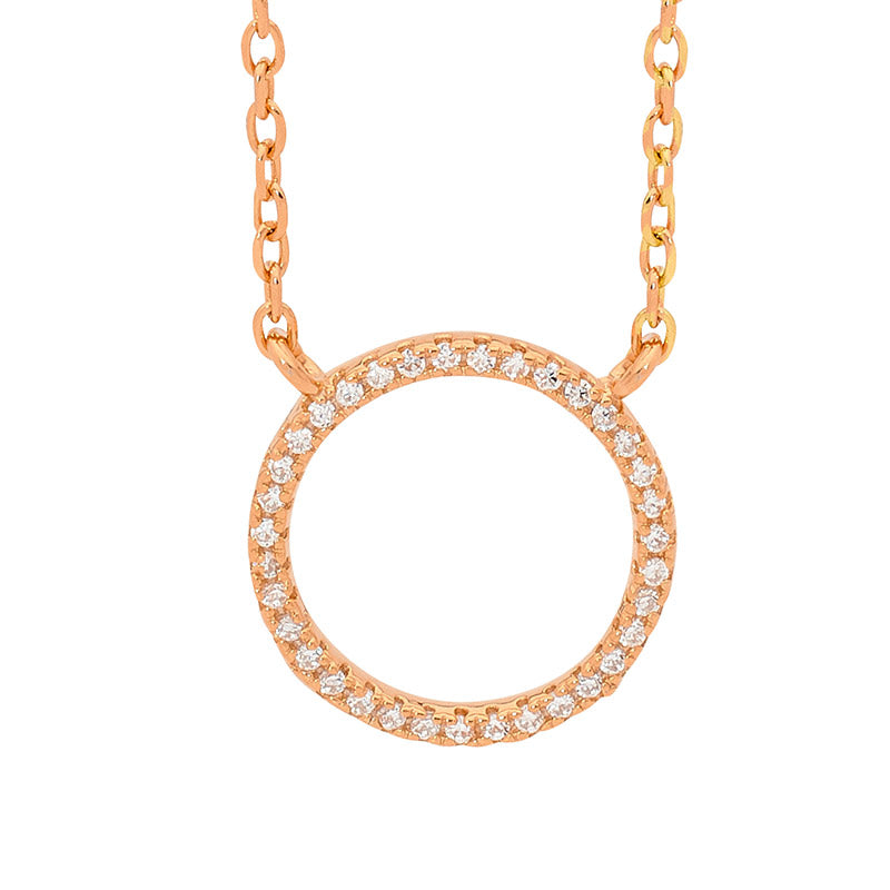 Sterling silver, rose gold plated circle pendant set with cubic zirconia & chain