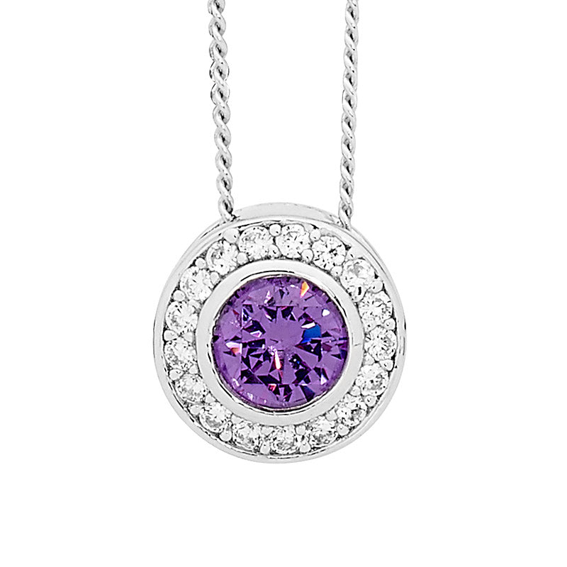Silver, Purple CZ bezel set with halo of CZ pendant and chain