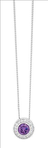Silver, Purple CZ bezel set with halo of CZ pendant and chain