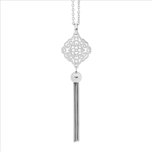 Stainless steel, filligree flat knot and Tassle pendant and long chain