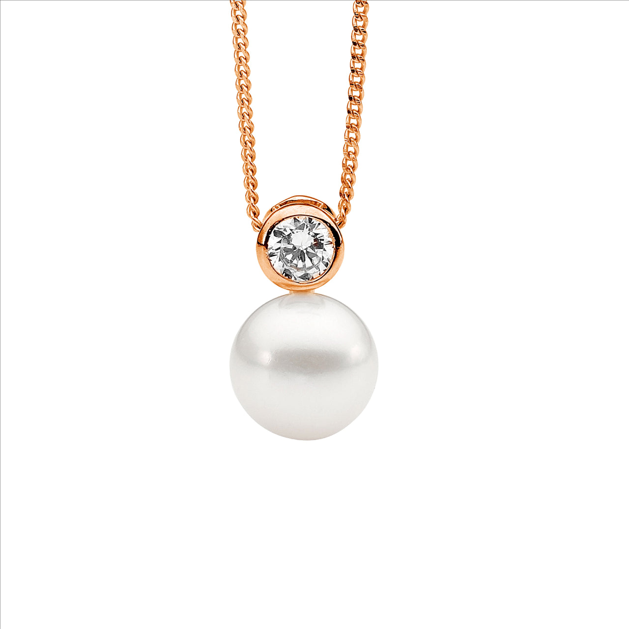 Silver, rose gold plated, Freshwater Pearl and bezel set CZ pendant and chain