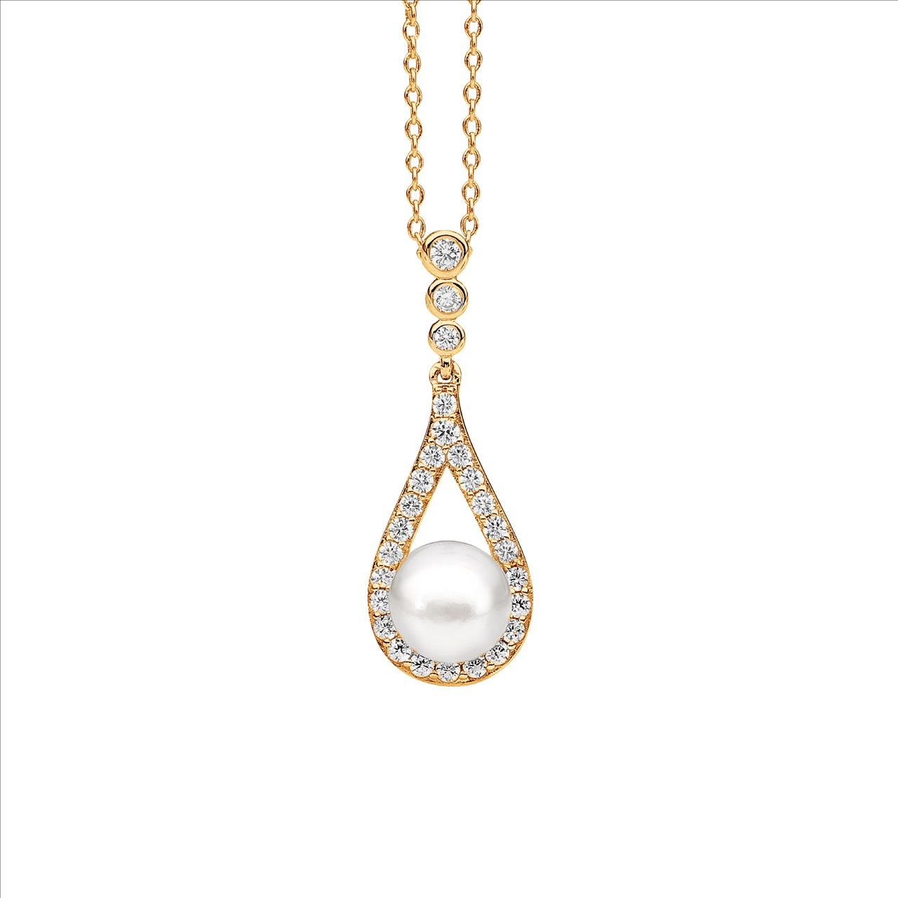 Silver, Tearshaped pendant, Freshwater pearl and CZ pendant and chain