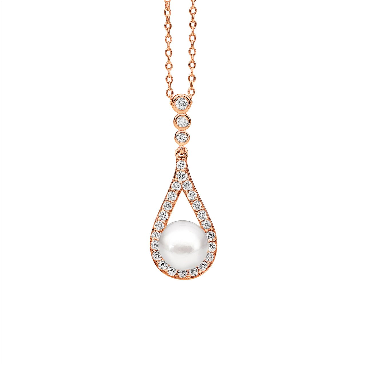 Rose gold platred, sterling silver, freshwater pearl CZ set pendant and chain