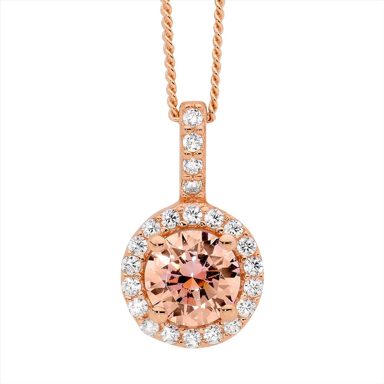 SS Morganite CZ Solitaire w/ WH CZ Surround Pendant w/Rose Gold Plating and chain
