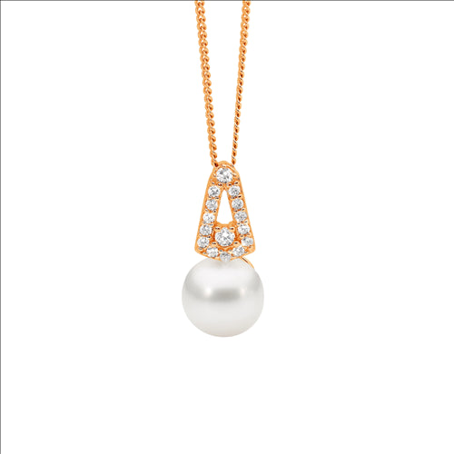 SS WH CZ Open drop V pendant w/freshwater pearl & Rose Gold Plating and chain