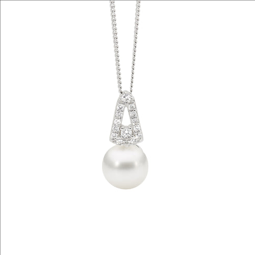 SS WH CZ Open drop V pendant w/freshwater pearl pendant and chain