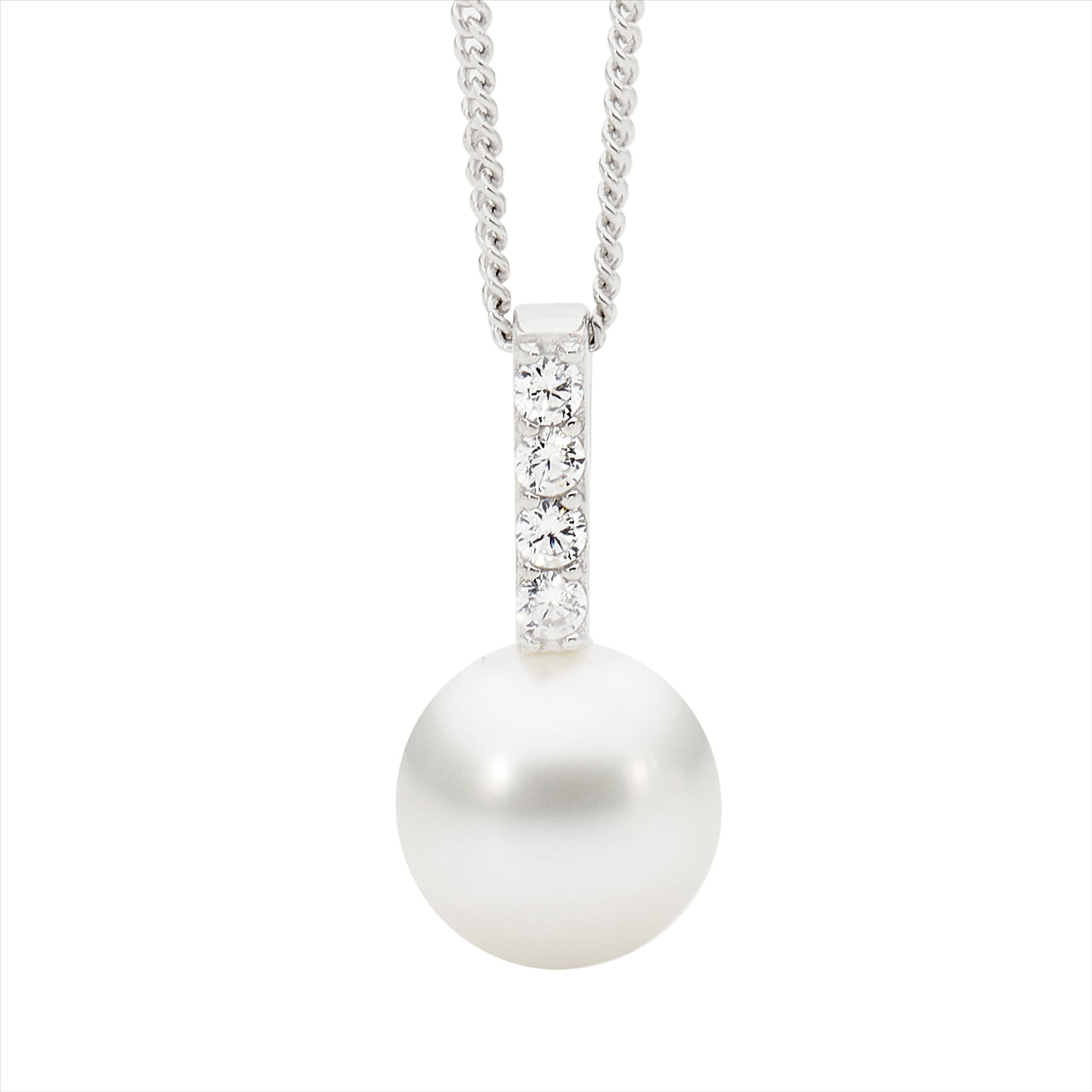 SS WH CZ Drop Bar Pendant w/freshwater pearl and chain