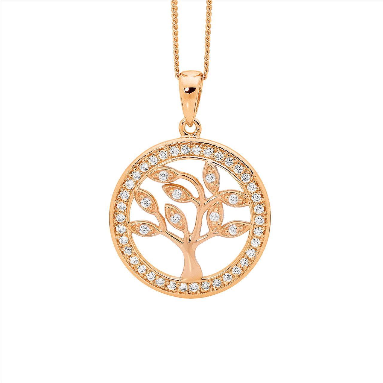 SS WH CZ Tree of Life Pendant w/ CZ Surround & ALL Rose Gold Plating and chain
