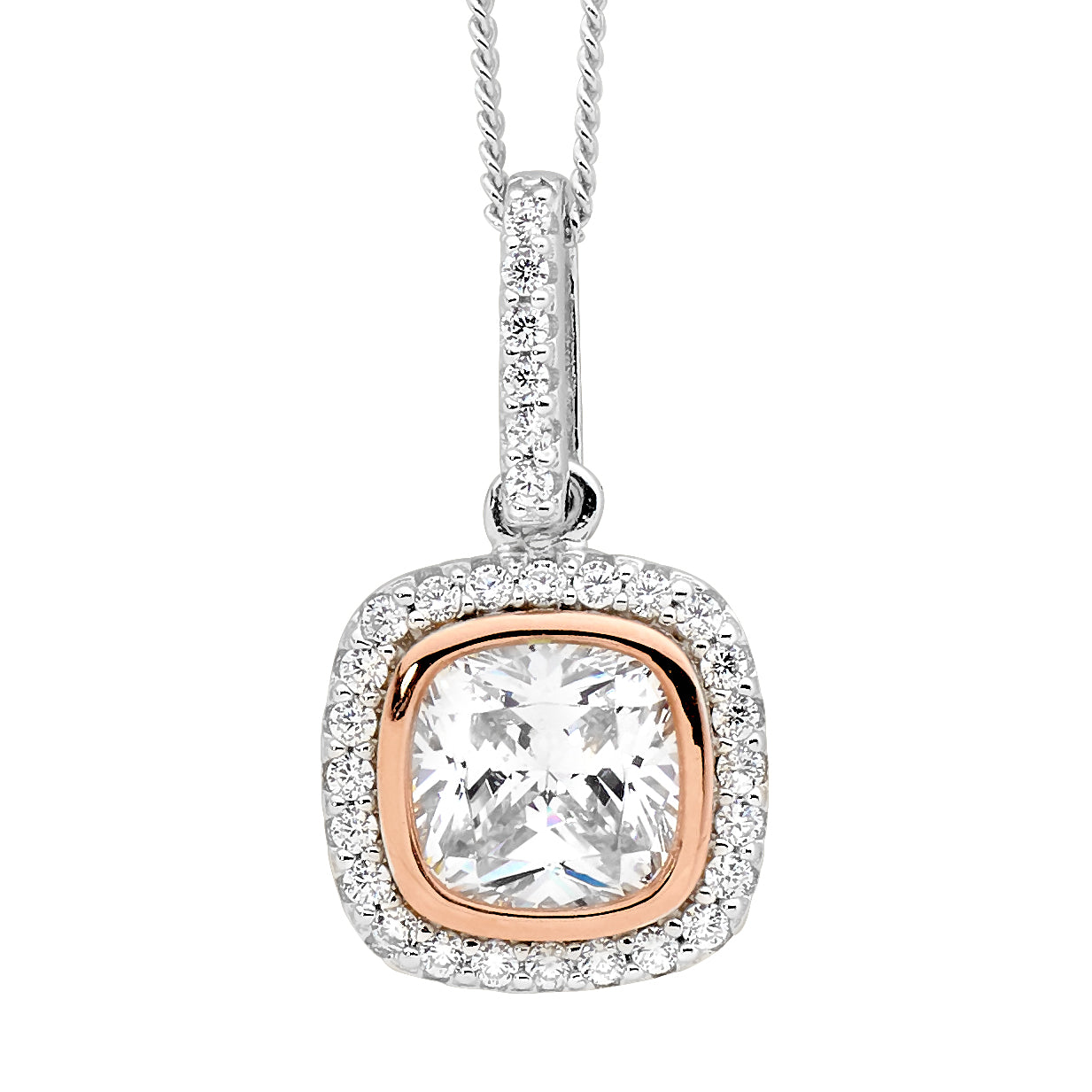Cushion cut CZ with a halo pendant and chain