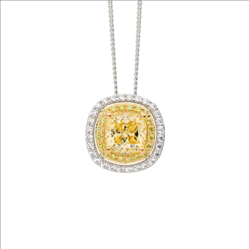 SS WH & Yellow CZ dbl Halo Cushion Cut Pendant w/ Gold Plating and chain