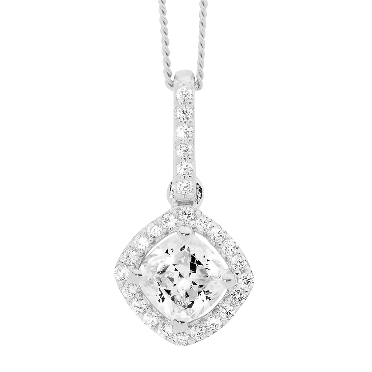 SS WH CZ Cushion Cut, cz surround Drop Pendant and chain