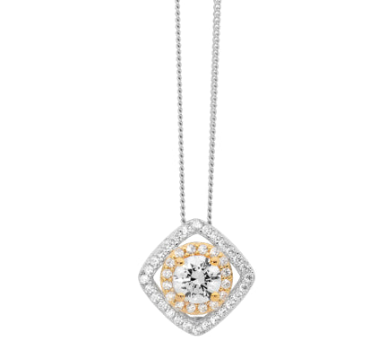 SS WH CZ Solitaire w/ Double Round & Square Halo Pendant w/Gold Plating and chain