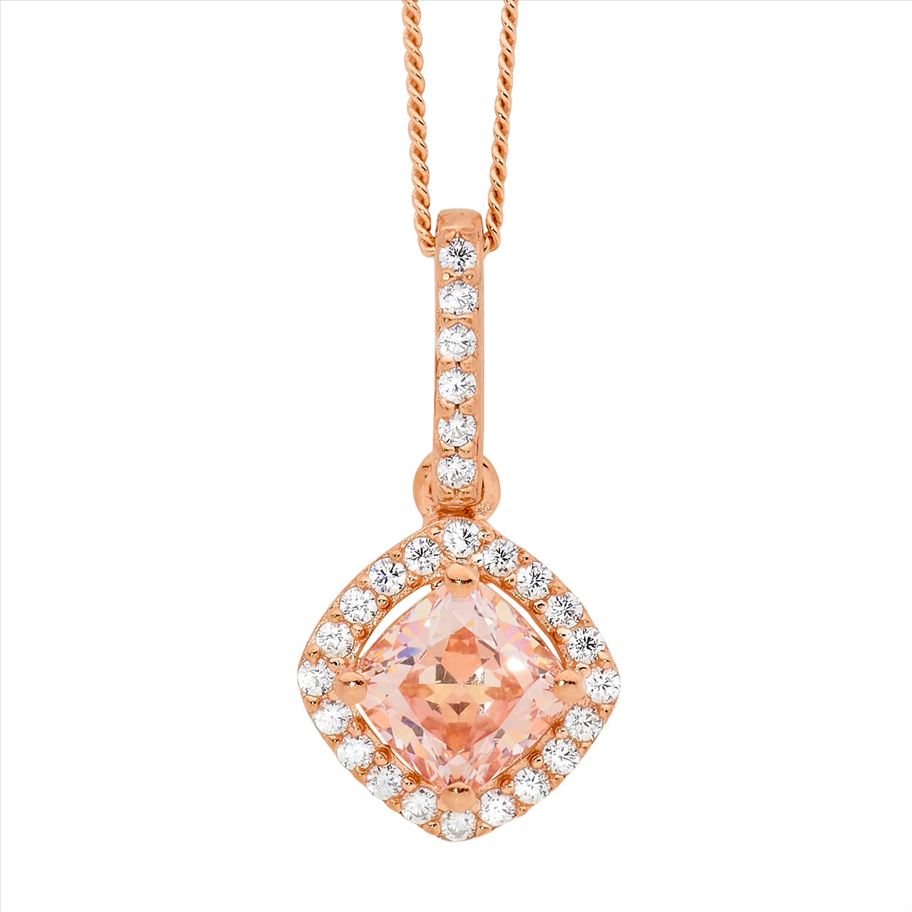 SS Morganite CZ Cushion Cut, cz surround Drop Pendant w/Rose Gold Plating and chain