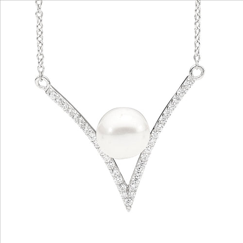 SS WH CZ V pendant w/freshwater pearl & attached chain