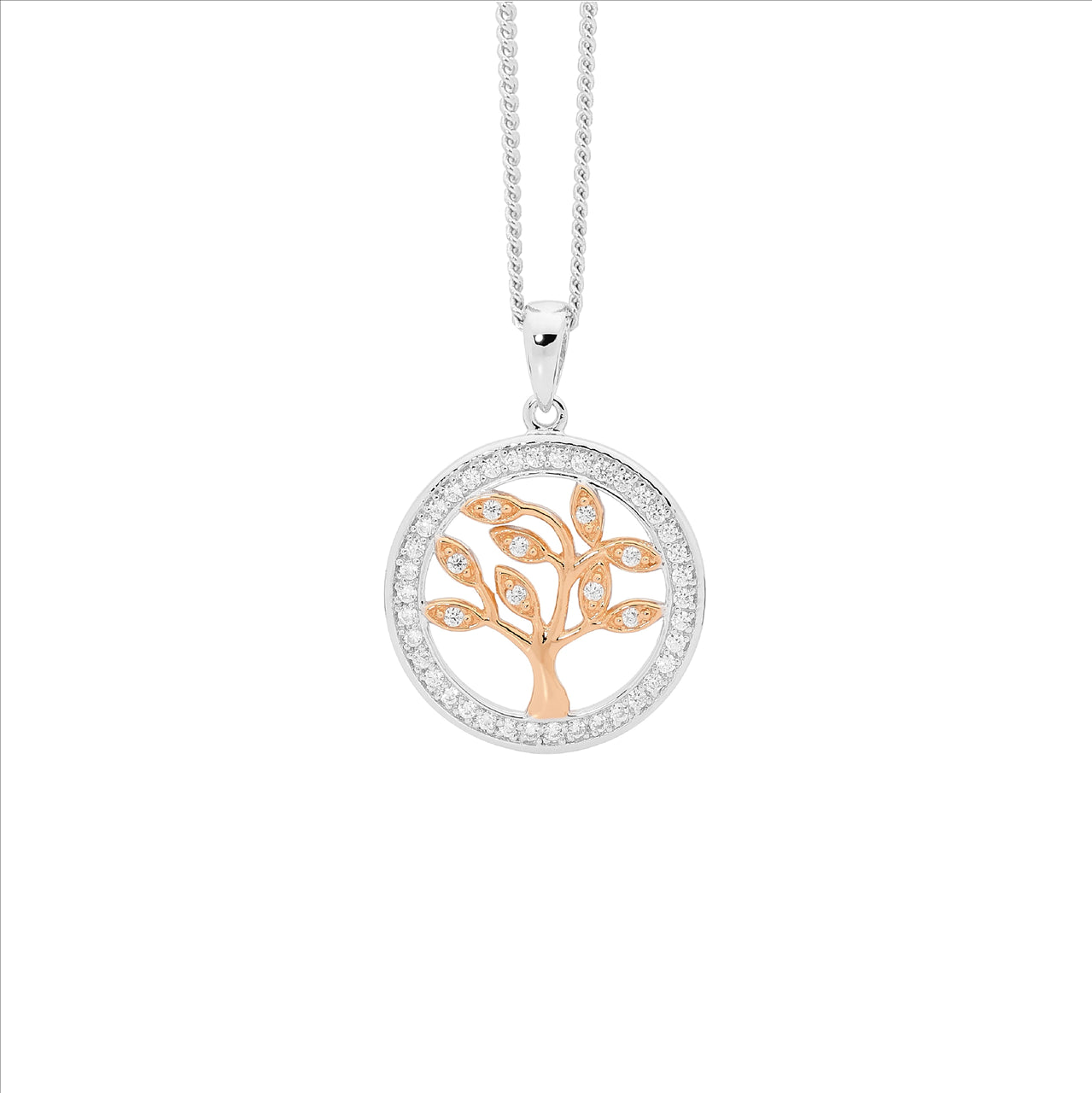 Silver, two toned Tree of Life pendant, CZ set with rose gold plating, and chain