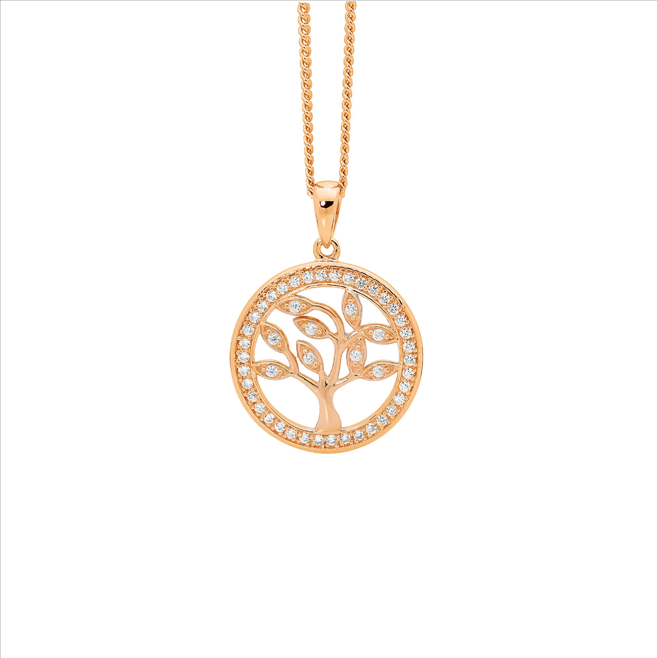 Silver rose gold plated tree of life pendant and chain, CZ set