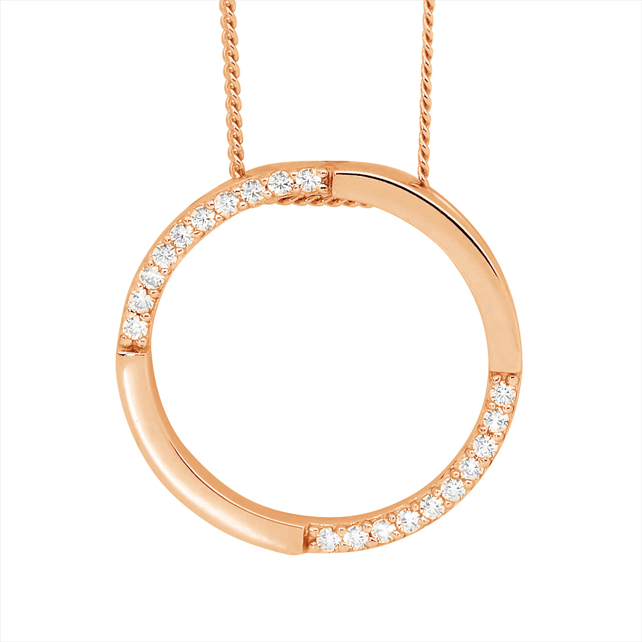 Sterling silver, Rose gold plated, cubic zirconia set circle pendant with chain.