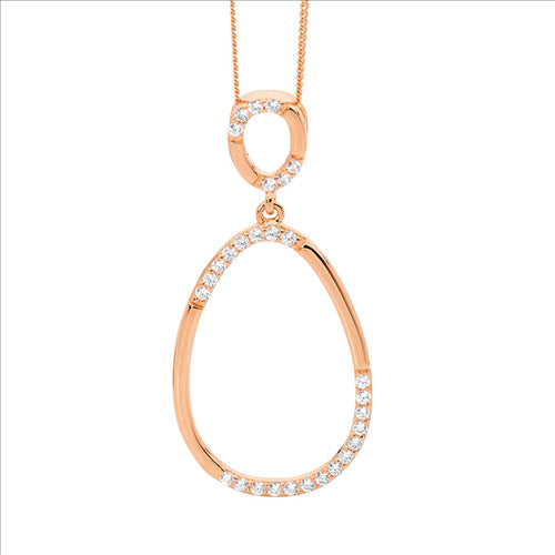 Silver, Rose gold plated double circle drop pendant set w CZ and chain