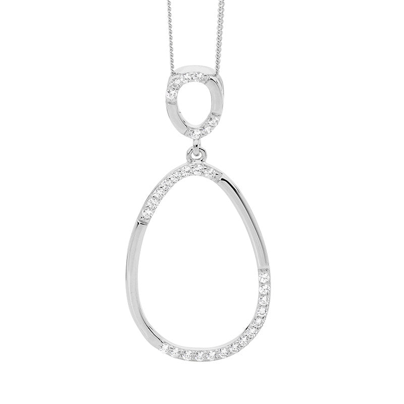 Silver, CZ set oval double loop pendant and chain