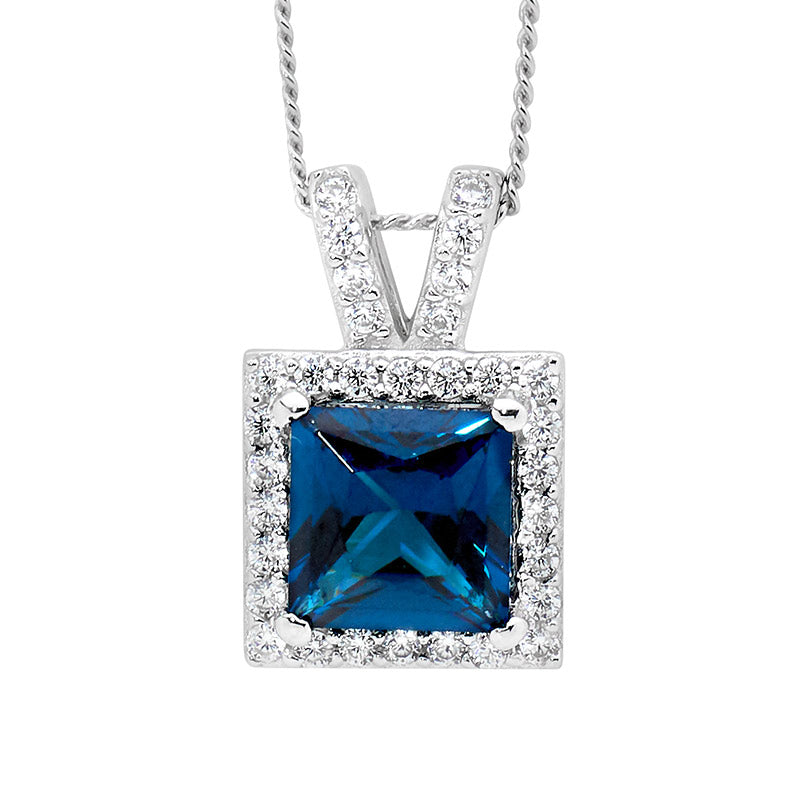 Sterling silver, London Blue princess CZ, halo white CZ pendant and chain