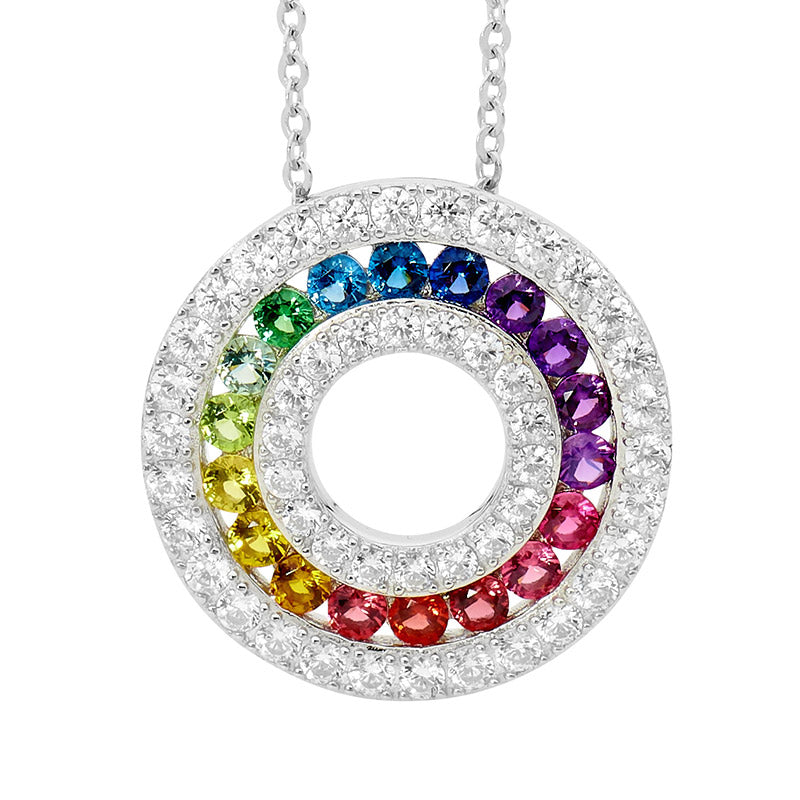 Silver, Multicoloured CZ set circle surrounded by white CZ, pendant and chain