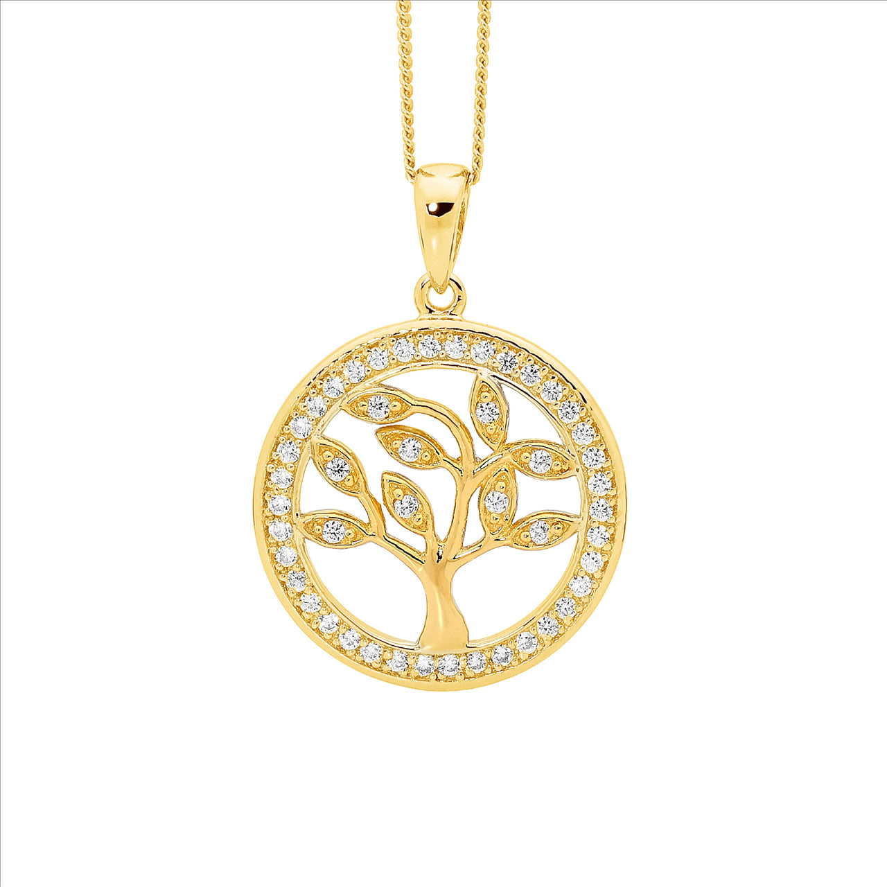 SS WH CZ Tree of Life Pendant w/ CZ Surround & ALL Gold Plating and chain