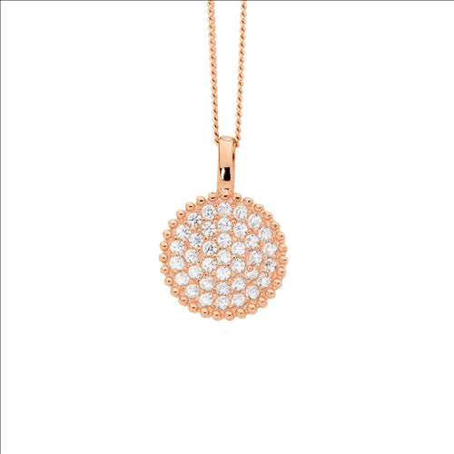 SS WH CZ Pave Round Pendant w/ Crown surround & Rose Gold Plating and chain