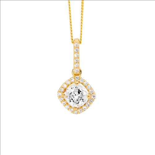 Sterling Silver WH CZ Cushion Cut, cz surround Drop Pendant w/Gold Plating and chain