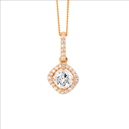 Sterling Silver WH CZ Cushion Cut, cz surround Drop Pendant w/Rose Gold Plating and chain