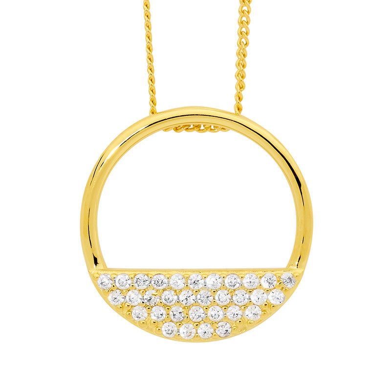 SS 28mm Open Circle Pendant, 3 rows WH CZ w/ Gold Plating and chain