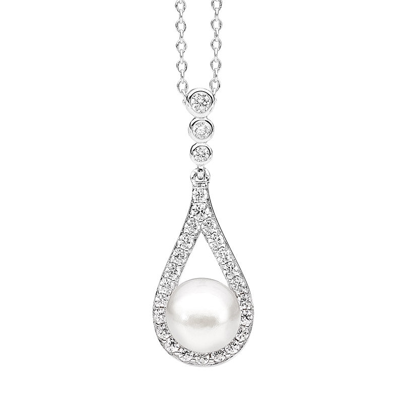 SS WH CZ bezel w/open tear drop & freshwater pearl pendant & chain