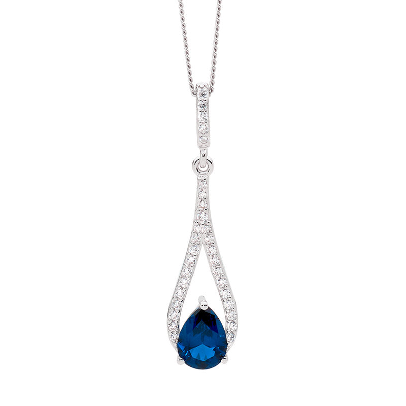 Silver, teardrop Bue CZ pendant set with CZ's, and chain