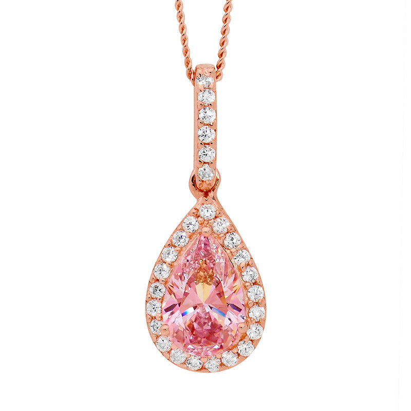 SS morganite CZ pear drop pendant, cz surround w/ rose gold plating and chain