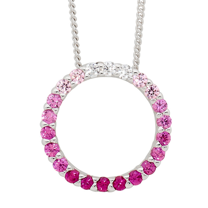 Silver, open circle CZ (graduating pink) set pendant and chain ...