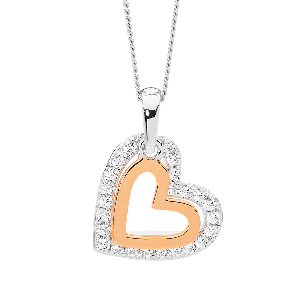 Silver CZ set double heart (one rose gold plated) pendant and chain