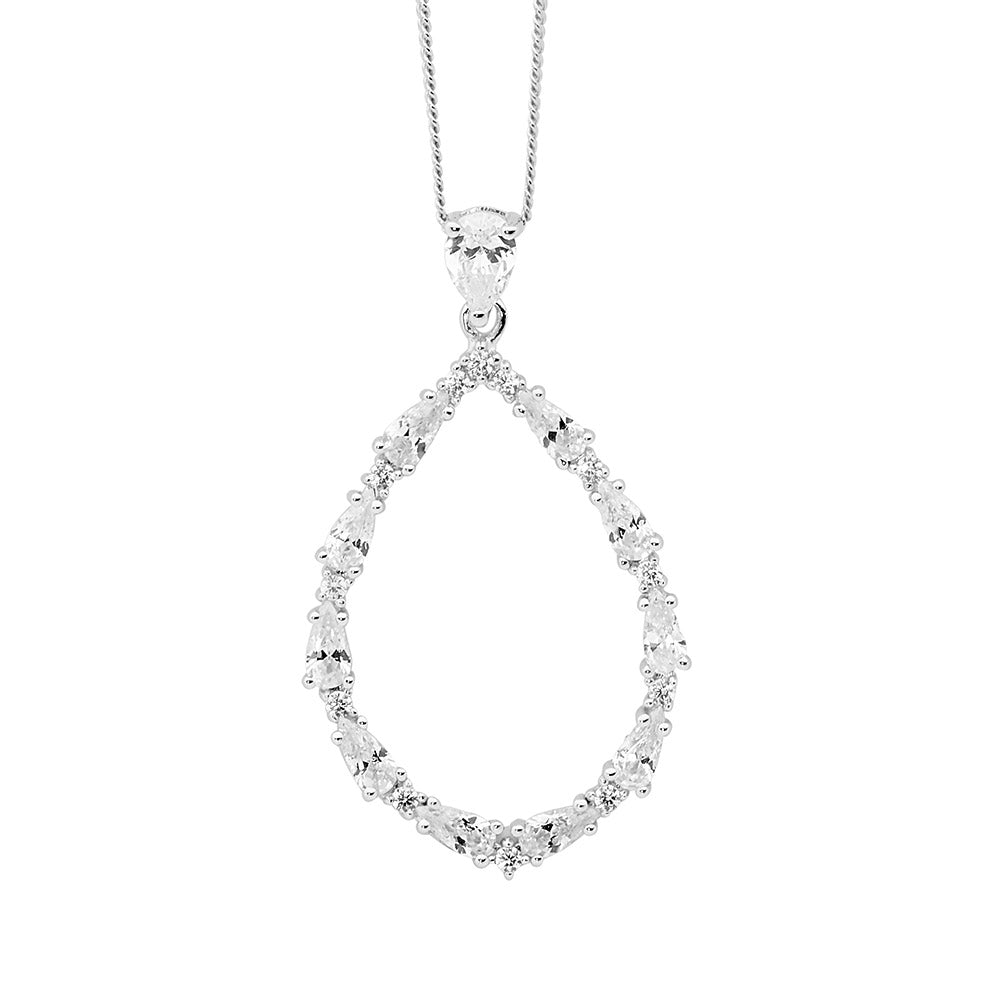 Silver oval teardrop CZ pendant and chain