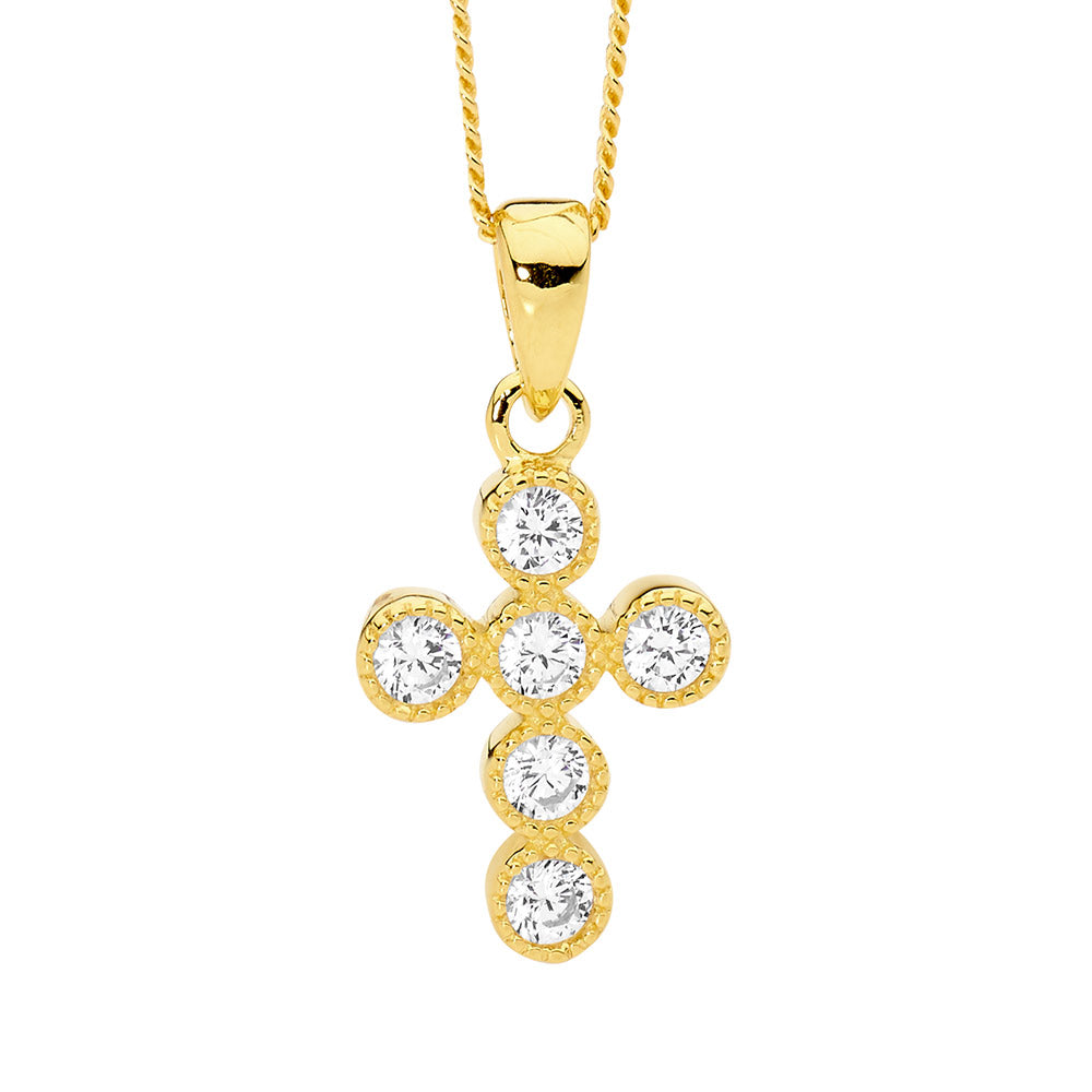 Gold plated, Sterling silver, bezel set CZ cross and chain