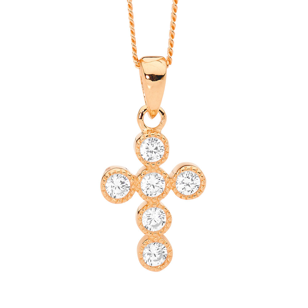 Silver, Rose gold plated bezel set CZ with millgrain cross and chain