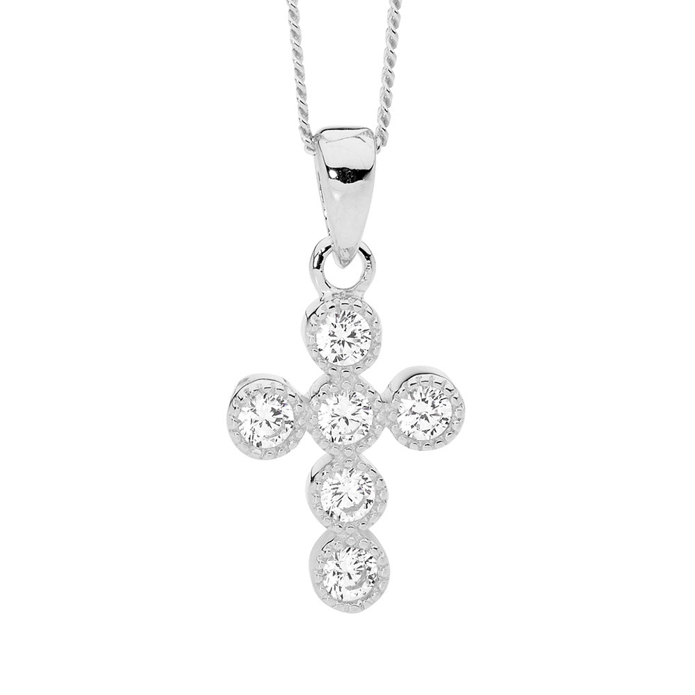 SS 14mm wh cz crown set cross pendant and chain